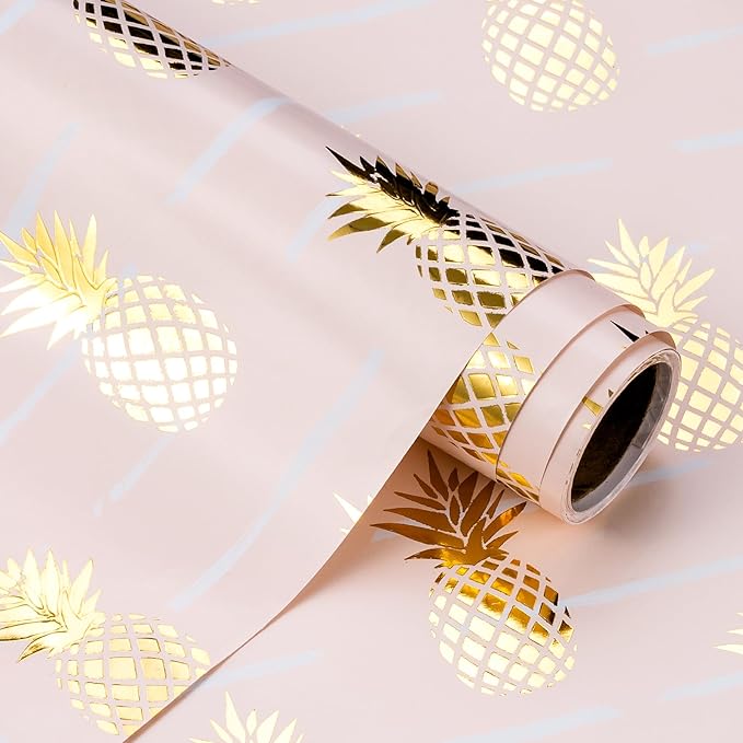 WRAPAHOLIC 30 Inch Jumbo Pineapple Wrapping Paper Roll - 30 Inch x 16.5 Feet - Jumbo Pink and Gold Foil Pineapple Design for Birthday, Wedding, Bridal Shower, Baby Shower
