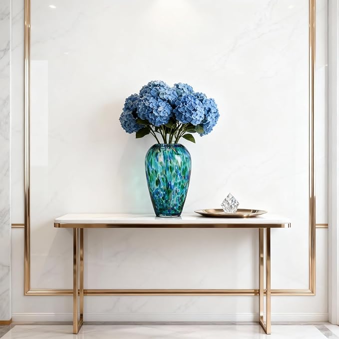 9" Tall Teal Vase Hand Blown Glass Vase Green, Modern Teal Home Centerpieces Wide Mouth Vases for Bud&Flower Decor - Ideal Living Room, Kitchen, Wedding, Dining Table, Office Center Table