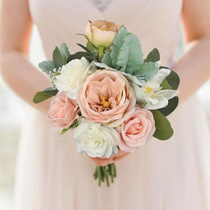 Rinlong 1Pc Wedding Bouquets for Bridesmaids Bride Pink Green Artificial Flowers Bridesmaids Bridal Bouquet for Wedding Prom