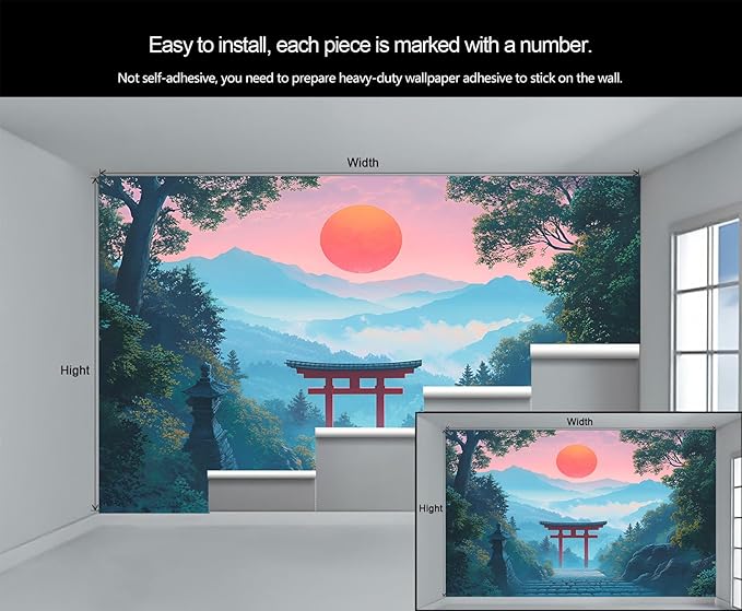 KIREUPA Japanese Torii Gate Wall Mural, Sunrise Mountain Landscape 3d Wall Murals, Zen Nature Art Wallpaper Mural, for Living Room Bedroom Large Wallpaper Indoor Decor 78.7" W x55.1 H