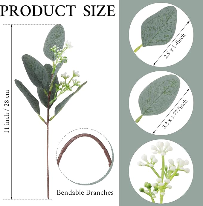 Janinka 60 Pcs Mixed Eucalyptus Leaves Stems Bulk Artificial Eucalyptus Leaves with White Seeds Artificial Silver Dollar Sprays Faux Oval for Floral Wreath Bouquets Wedding Greenery Decoration