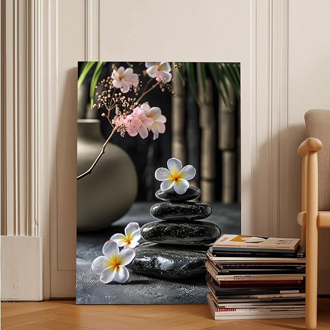 A harmonious black stone stack paired with white and pink flowers bamboo and ceramic vases creates a tranquil Zen decor for minimalist homes and mindful spaces 32x48in Frameless