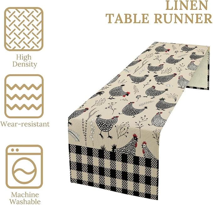 Farmhouse Rooster Table Runner Vintage Farm Funny Chicken Flower Dinner Runner for Country Farmhouse Home Kitchen Dinner Table Holiday Party Decoration 13x36in
