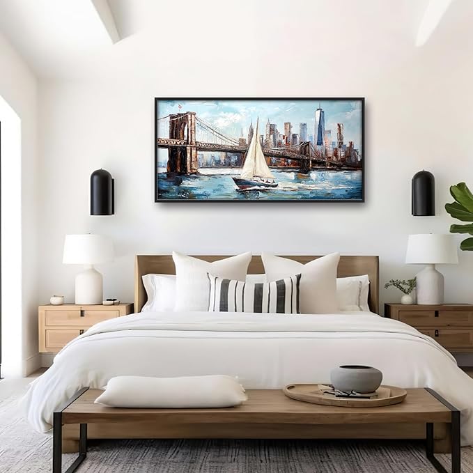 Extra Large Sailboat Framed Wall Art for Living Room,Oversized New York Brooklyn Bridge Pictures Wall Decor,Cityscape Canvas Print Painting Modern Artwork Bedroom Office Bathroom 60L x 30W