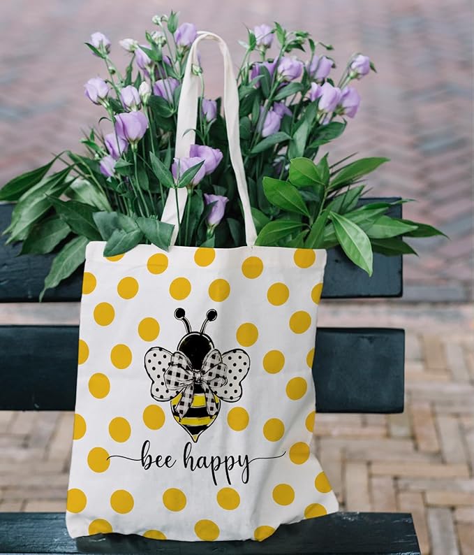 Bee Happy Canvas Tote Bag, Inspirational Bee Gifts for Women Bee Lovers, Summer Bee Tote Bag for Women, Reusable Grocery Bags Shopping Bags, White, 140GA-TTBA-sunmerbee