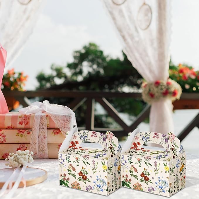 Dunzoom 24 Pack Multicolor Wildflower Paper Gift Boxes Party Favor Gift Gable Boxes with Chinoiserie Floral Printed Candy Treat Box for Wedding Birthday Tea Bridal Shower Party