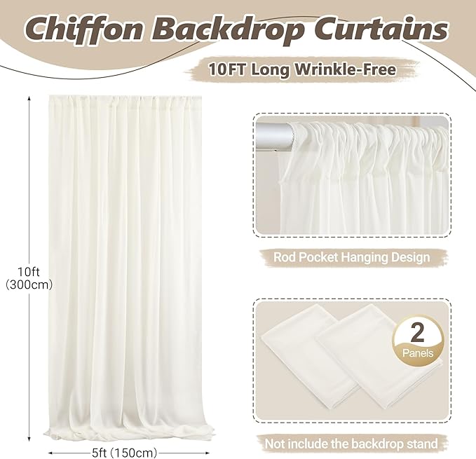 10ft x 10ft Beige Backdrop Curtains, Wrinkle-Free Sheer Chiffon Fabric Photo Backdrop Drapes for Wedding Arch Party Ceremony Stage Photography Decorations