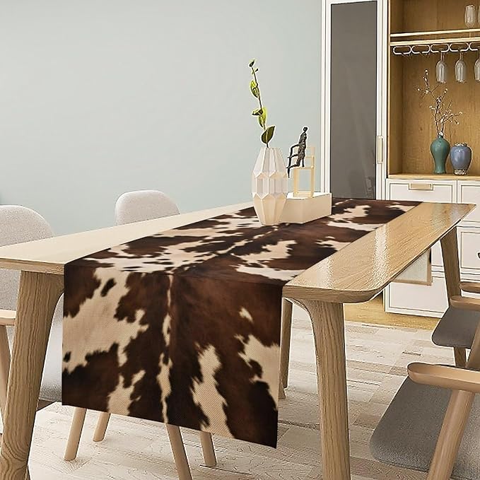 Cow Print Table Runner, Brown Cowhide Western Style Runner Country Farmhouse Cottage Patten Decoration for Home Kitchen Dining,13x120 Inch