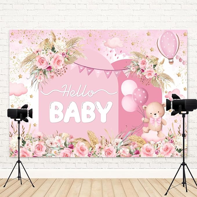 6x4ft Hello Baby Backdrop Pink Gold Boho Floral Bear Baby Shower Photography Background Balloon Stars Clouds Banner Decorations Welcome Newborn Celebration Party Portrait Photo Booth Prop