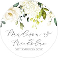 Personalized Floral Wedding Stickers with Your Choice of 30 Flower Styles - Choose Font and One of Five Pre-made Phrases or Add Custom Text (010 - White Flowers)