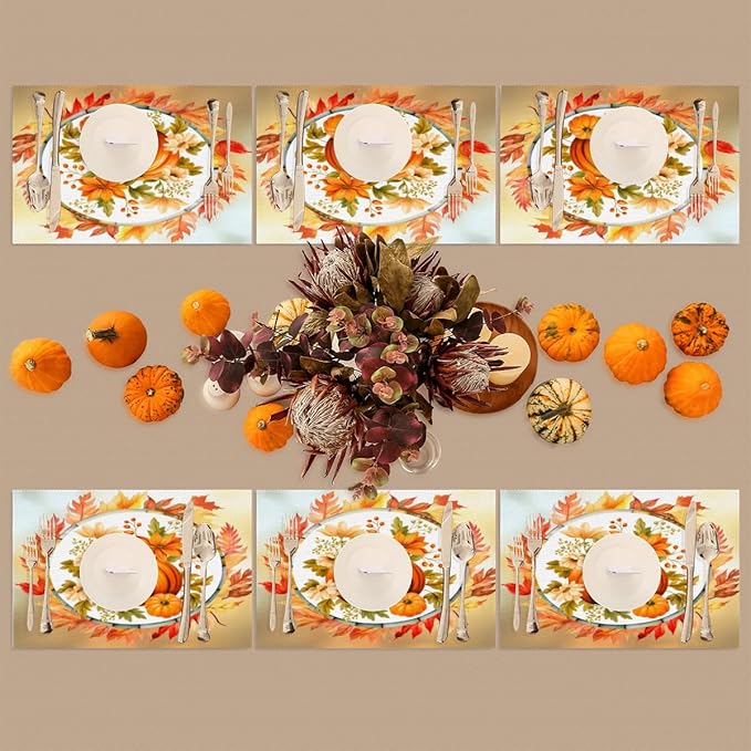 Fall Autumn Flower Pumpkin Placemats Set of 4 PVC Vinyl Non Slip Table Mats Heat Resistant Place Mats Washable Wipeable Dining Table Mat for Kitchen Decor Party Indoor Outdoor Decorative Gift