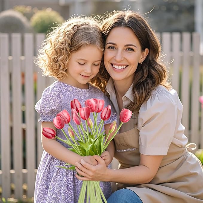 15 Pcs Red Tulips Artificial Flowers Faux Tulips Real Touch Latex Fake Flower Bouquet for Spring Wedding Home Décor Centerpiece Arrangements