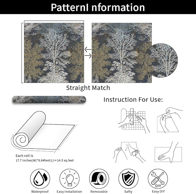 Vintage Forest Peel and Stick Wallpaper - Hand Drawn Tree Design for Bathroom, Bedroom Walls, Cabinets, Shelves - Removable Decorative Contact Paper Mural 17.71"x118.1"