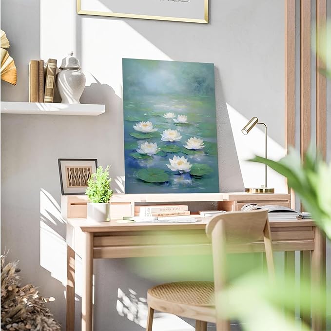 Zen wall art Delicate white lotus flower floating on calm water Vintage oil painting print Serene aquatic wall art creates a tranquil home decor 28x40in Frameless