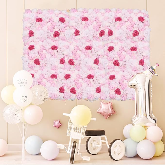 16"x 24" Artificial Flower Wall Panels,Flower Wall Mat Silk Flower Panels for Outdoor Garden Backyard Fence Fence Privacy Screen and Indoor Wall Decor (4Pcs Pink+Rose)