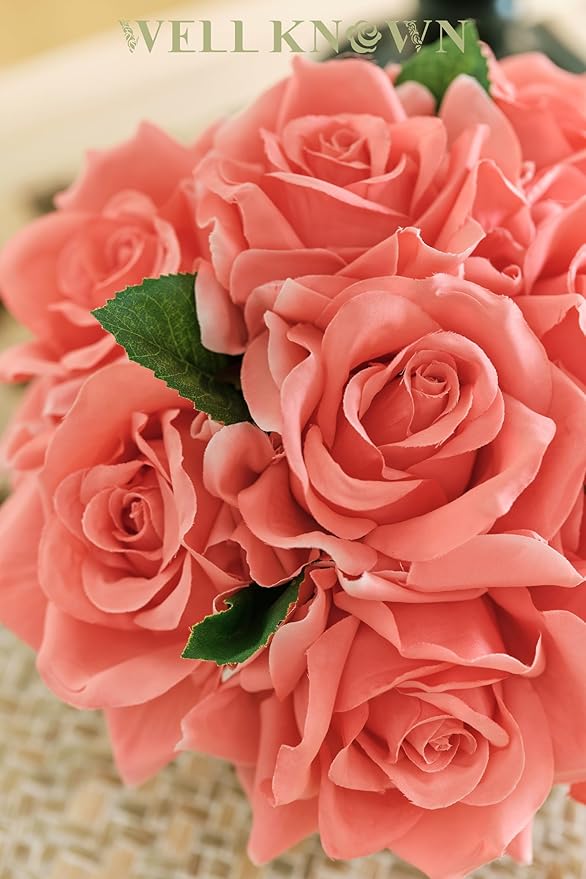 Artificial Rose Bouquet in Ceramic Vase, Silk Flower Arrangement in Pot, Real Touch Fake Flowers with White Vase for Wedding Home Centerpiece Coffee Table Bathroom Anniversary Decor & Gift (Coral)