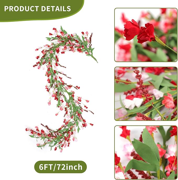 Artgar Flower Garland 6Ft Spring/Summer Garland Floral Garlands for Mantle All Year Round Paper Garlands Decor for Indoor Outdoor Home Wedding Arch Porch Staircase Backdrop Year Round Decor (Red Pink)