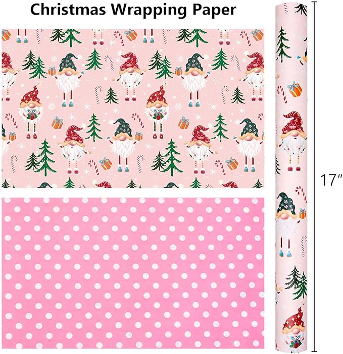 MAYPLUSS Christmas Wrapping Paper - 17 Inch X 33 Feet - Metallic Gift Wrapping Paper Christmas Tree Holly Cute Gnome Candy Cane Snowflakes Reversible Polka Dot for Holiday Party New Year Kids