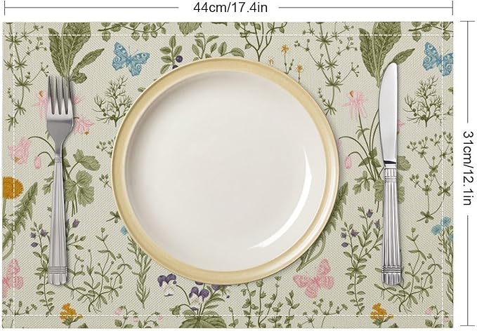 Botanical Placemats Set of 4, 17x12 Inch Butterfly Green Leaf Colorful Wildflower Vintage Rustic Style Table Mats for Home Party Kitchen Dining Decor