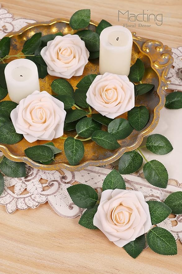 MACTING Artificial Flower Roses 30PCS Real Touch Fake Flowers with Stem Foam Roses for DIY Wedding Bouquet Table Centerpieces Bridal Shower Party Home Spring Valentines Day Decorations (Cream)