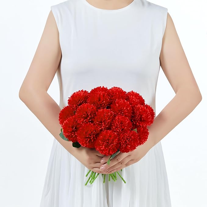 SITUMEIZI 12 Pcs Red Flowers Artificial Chrysanthemums Ball Flower Fake Mums Silk for Spring Wedding Home Kitchen Christmas Decoration Floral Arrangement Table Centerpiece