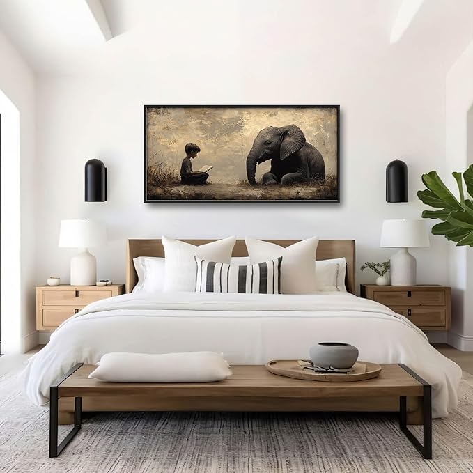 Elephant Large Wall Art Boy Reading Pictures Wall Decor Animal Canvas Elephant Print Painting Modern Artwork Home Decoration for Living Room Bathroom Bedroom Office Framed 60"x30"