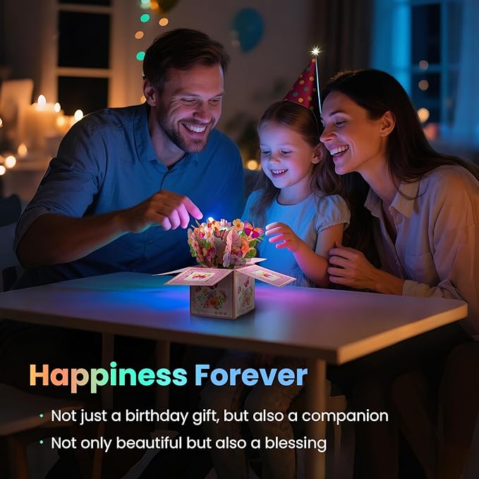 3D Pop Up Birthday Cards with Music, LED Light Musical Happy Birthday Gift Box for Women, Flowers and Butterflies Handmade Foldable Flower Box with Envelope for Mom Wife Daughter Sister