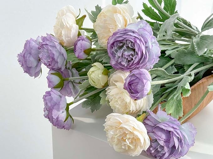 7 pcs Peonies Artificial Flowers, Purple Champagne Ranunculus Artificial Flowers, Fake Peonies for Home Office Centerpiece Table Decorations, Dining Table Centerpiece (Purple+Champagne)