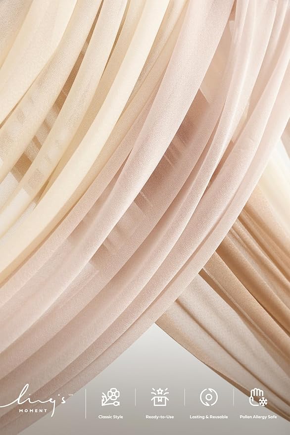 Ling's moment Wedding Arch Flowers with Drapes Kit-Pack of 5, 2pcs Flower Arrangements 3pcs Sheer Hanging Drapes White Ceremony Arbor Backdrop Artificial Rose Floral Decorations, Sand Beige
