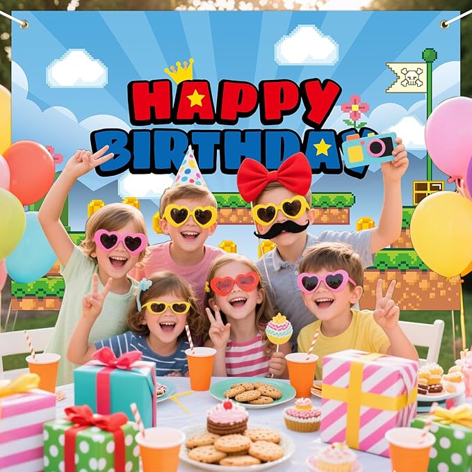 Cartoon Happy Birthday Backdrop, 150 * 100cm/5 * 3ft Video Game Themed Birthday Banner Cute Wall Hanging Decoration for Party Celebration Supplies