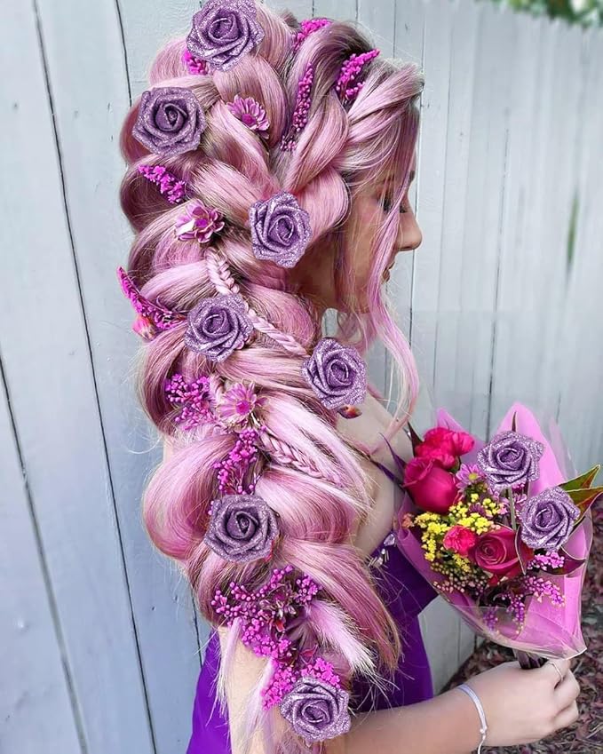 IPOPU Glitter Flowers,25PCS Light Purple Glitter Roses Fake Roses Artificial Flowers for Cake Wedding Bouquet Home Party Decoration(Lilac)