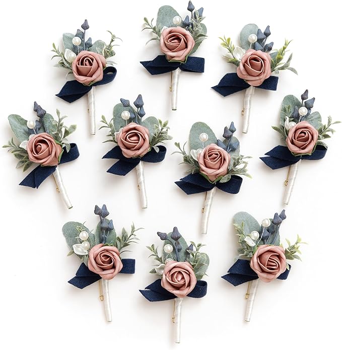 Ling's Moment Boutonniere for Men, 10pcs Groomsmen Guest Boutonniere, Artificial Flowers for Wedding Décor/Prom/Homecoming,etc.Dusty Rose Navy Blue