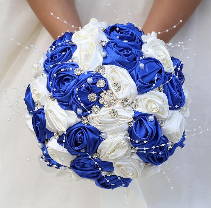 Bridal Wedding Bouquet Round Bling Brooch Bouquet Throw Toss Artificial Rose Flower Bunch for Bride Bridesmaid Wedding Quinceanera(Royal Blue & Ivory, 6.3")
