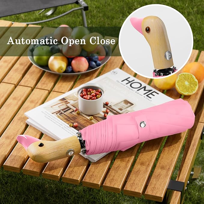 Cute Duck Umbrella Automatic - Compact Pretty Pocket Size Strong Duck Collapsible Umbrella Yellow Wooden Handle for Women