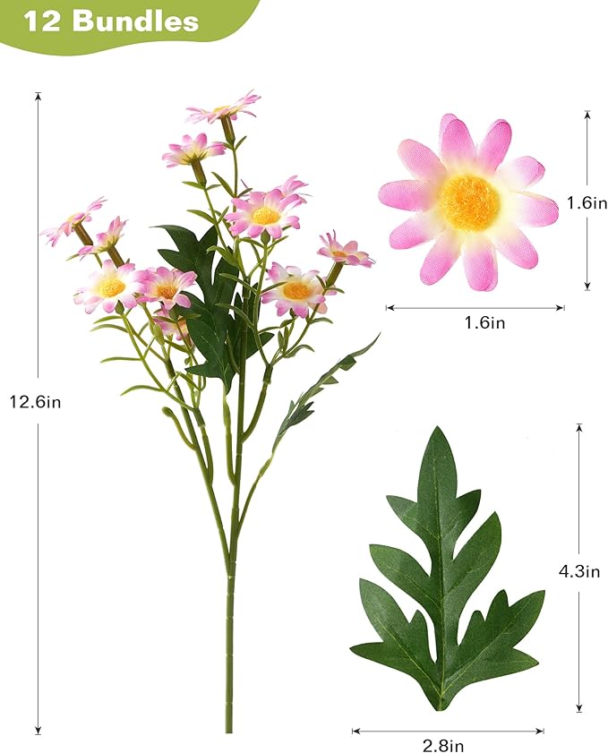 Daisy Flowers Artificial (144 Blooms), 12 Bundles Fake Wildflowers for Outdoor Planters, Faux Plants with Silk Daisies for Front Porch Garden Patio Home Aesthetic (Pink and White Gradient)