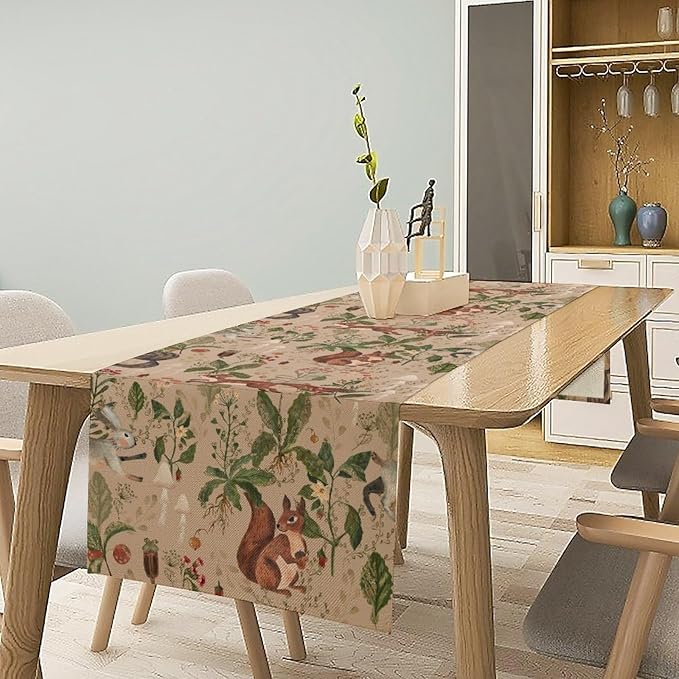 Rustic Woodland Table Runner, Retro Cabin Lodge Fairy Tale Forest Wild Animals Hare Squirrel Print Table Runner for Kitchen Dining Home Decor Wreath Party Decoration, 13x36inch