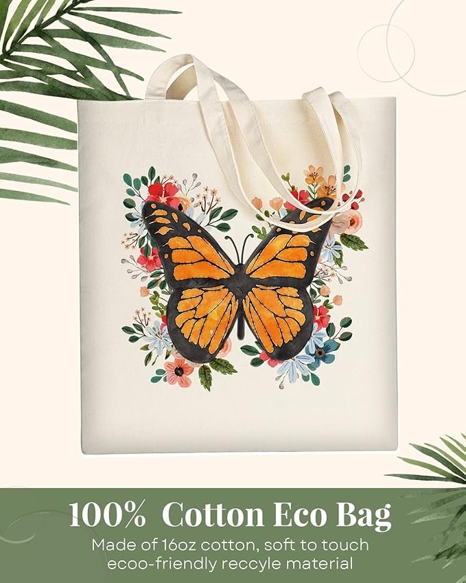 AUSVKAI Cute Canvas Tote Bag Aesthetic for Women Grocery Bag Cotton Shopping Beach Totes Gift-Flower Butterfly