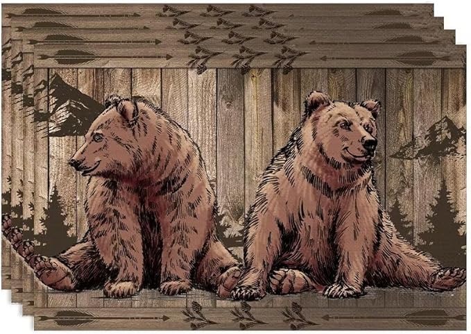 Rustic Lodge Bears Placemats Set of 4, Vintage Cabin Pine Tree Wooden Board Place Mats, Heat Resistant Non Slip Cotton Linen Dining Table Mats for Home Party Kitchen 18x12 Inch
