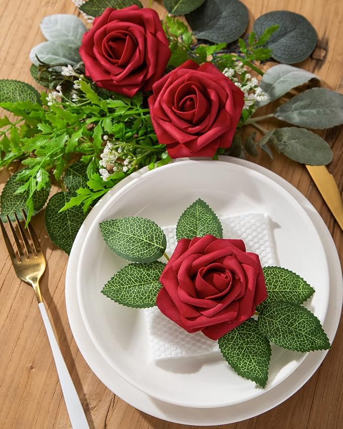DuHouse 25Pcs Artificial Roses Flowers Fake Roses with Stems Real Touch Foam Flowers for DIY Wedding Bouquet Baby Shower Centerpiece Floral Arrangement Party Home Decor(Dark Red)