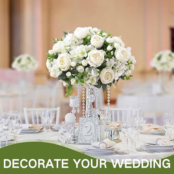 ASTRYAS 8Pcs White Peonies Artificial Flowers Mixed Hydrangea Faux Silk Peony Flowers Fake Floral Arrangement for Centerpiece Table Wedding Party Home Decor Baby Showers