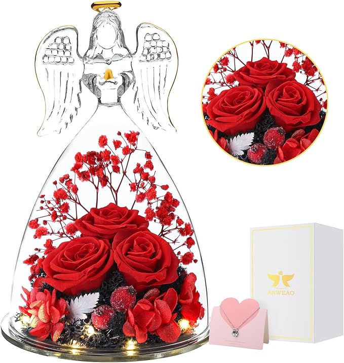 ANWEAO Gifts for Women Birthday Christmas Preserved Rose Forever Flower in Glass Angel Figurines Fresh Flowers for Delivery for Mom Real Colorful Roses for Grandma Wife Her from Daughter
