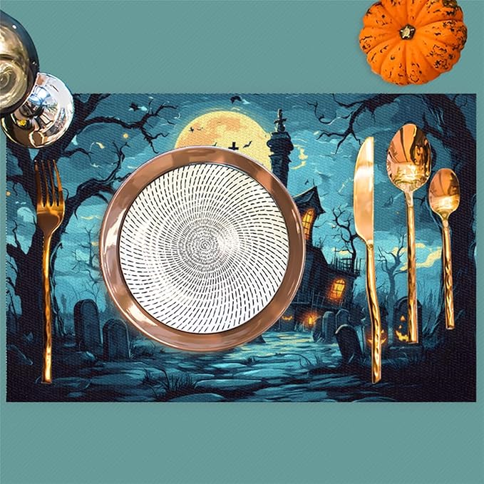 Halloween Castle Moon Scary Placemats Set of 4 PVC Vinyl Non Slip Table Mats Heat Resistant Place Mats Washable Wipeable Dining Table Mat for Kitchen Decor Party Indoor Outdoor Decorative Gift