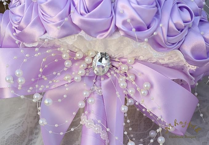 Bridal Wedding Bouquet Round Bling Brooch Bouquet Throw Toss Artificial Rose Flower Bunch for Bride Bridesmaid Wedding Quinceanera(Light Purple, 8.7")