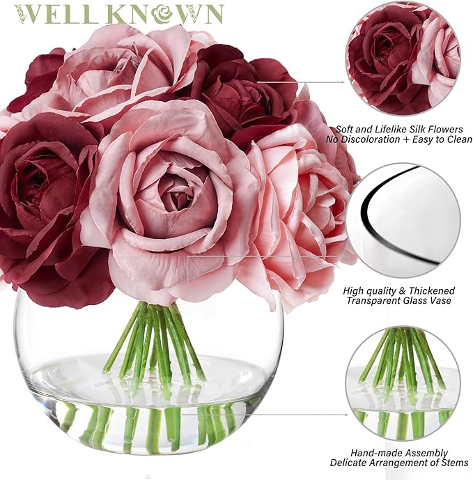 WELL KNOWN Silk Rose Artificial Flowers with Vase Artificial Rose Flower Arrangements in Round Bowl Vase with Faux Water for Home Table Decoration (Burgundy & Dusty Rose)