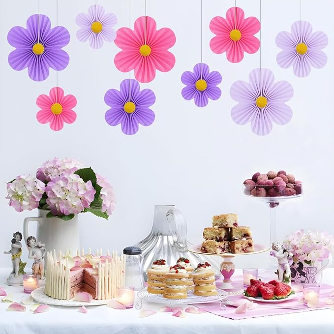 Purple Party Decorations Paper Flowers Decorations for Wall Classroom Paper Fans Floral Backdrop Flower Wall Decor Pack of 9 Pink Purple