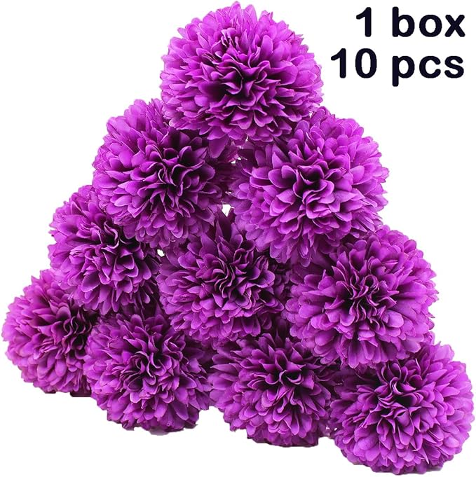 Blooming Paradise10Pcs Artificial Fake Flower Plants Silk Chrysanthemum Ball Hydrangea Arrangements Wedding Bouquets Decor Home Kitchen Garden Party Table Floral Centerpieces DIY (Dark Purple)