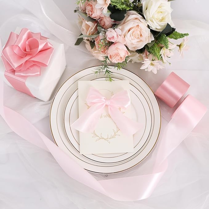 TONIFUL 2 in x 25 Yds Wide Rose Gold Satin Ribbon Solid Fabric Ribbons Roll for Crafts Chair Sash Valentine's Day Gift Wrapping Invitation Cards Floral Hair Bows Sewing Party Wedding Car Decoration