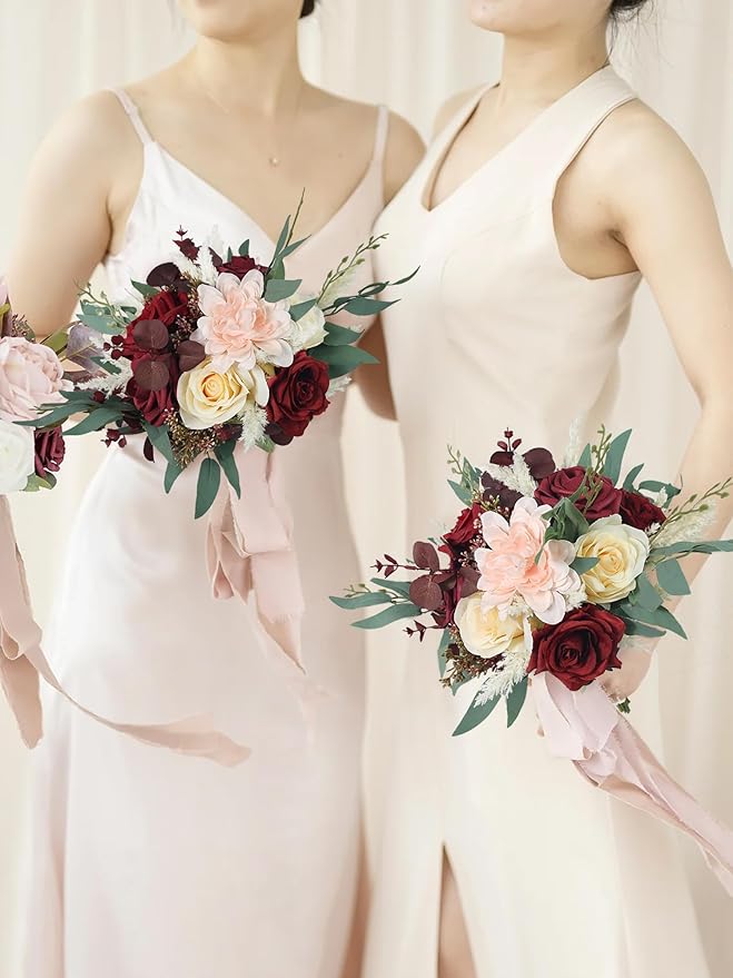 Rinlong 1Pc Burgundy Wedding Bouquets for Bridesmaids Fall Boho Bouquet Artificial Bridesmaid Bouquet for Wedding Prom Homecoming
