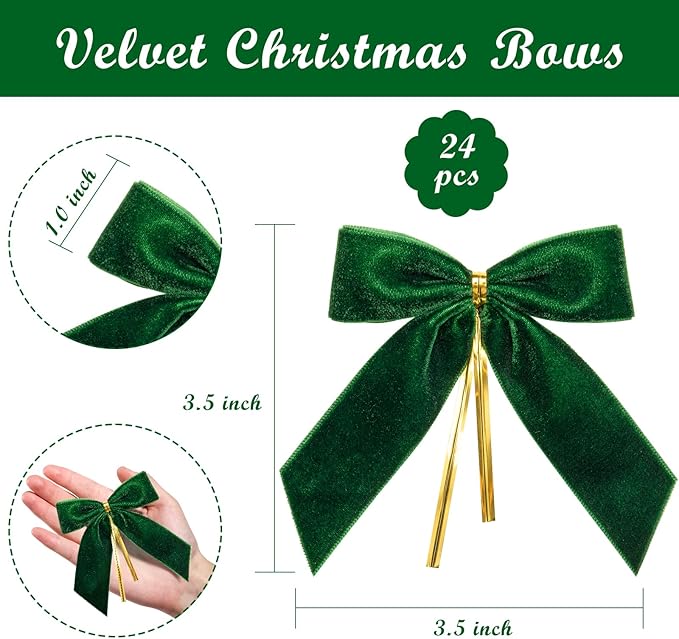 WRAPAHOLIC 24 Pcs Small Green Velvet Christmas Bows - Green Twist Tie Bows for Christmas Tree, Wreath, Gift Wrapping, Wedding, Crafts, Home Decor - 3.5 x 3.5 inch