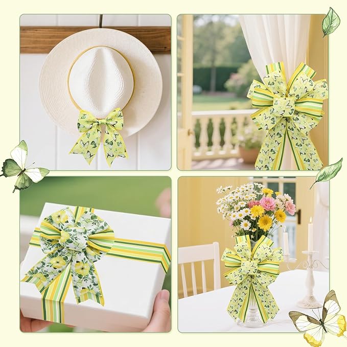 4 Rolls Floral Wired Edge Ribbon – Spring Summer Yellow Grosgrain with Butterfly, Lemon & Flower Motifs for Gift Wrapping, Wedding Decor, DIY Crafts (2.5 Inch, 5 Yards Each), Mother's Day Gift